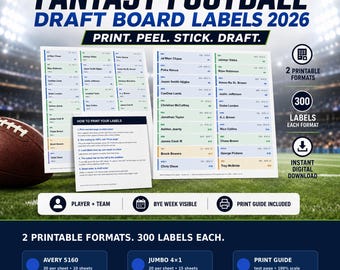 Fantasy Football Draft Board Labels 2026, 300 Printable Player Stickers with Bye Weeks, Avery 5160