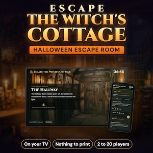 Può includere: Un gioco digitale intitolato Escape The Witch's Cottage Halloween Escape Room visualizzato su uno schermo e uno smartphone. L'interfaccia mostra testo, un timer e il numero 4. Le etichette leggono On your TV, Nothing to print, 2 to 20 players.