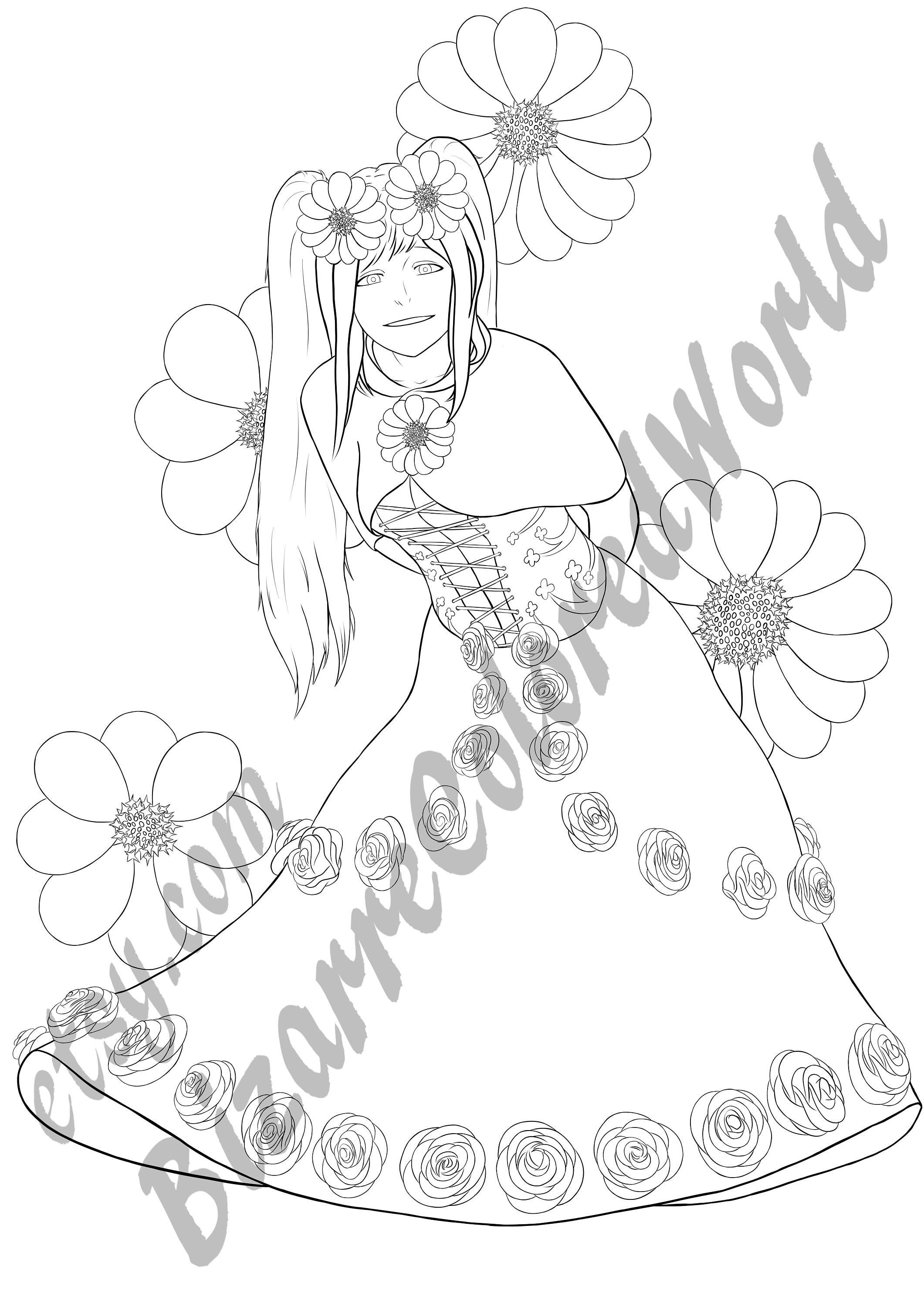 Girl with flowers printable coloring page digital art png Etsy