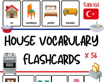 Turkish House Vocabulary Flashcards for Kids (56 words!) - Turkish Vocabulary Practice for Children - PDF Download