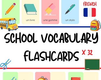 Français school theme flashcards for Kids - Français Vocabulary Practice for Children - PDF Télécharger