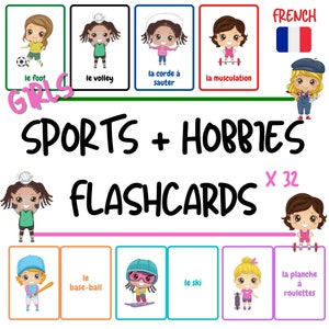 Flashcard a tema Sport + Hobby in francese per bambini (per ragazze) - Pratica del vocabolario francese per bambini - Download PDF