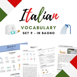 Könnte beinhalten: Ein farbenfrohes Arbeitsblatt zum Erlernen des italienischen Wortschatzes rund um das Badezimmer. Das Arbeitsblatt enthält Illustrationen von Badezimmerartikeln, ein Wortsuchspiel, Zuordnungsübungen und eine Leseverstehensaufgabe. Der Titel des Arbeitsblattes lautet "Italienischer Wortschatz Set 9 - In Bagno".