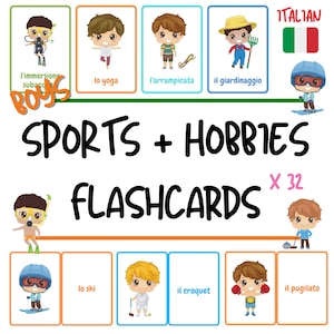 Italian Flashcards - Sports + Hobbies (Boys) Theme Flashcards for Kids - Italian Vocabulary Practice for Children - PDF Download