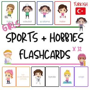 Turkse sport + hobby's (meisjes) Themaflitskaarten voor kinderen - Turkse woordenschatoefening voor kinderen - PDF-download