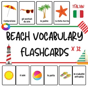Italian Flashcards - Beach Theme Cute Flashcards for Kids -  Fun Italian Vocabulary Practice for Children - PDF Download