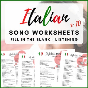 Italian Song Worksheets - Learn Italian - Fill in the blanks exercises - 10 x Italian songs - Italian listening practice - PDF Download