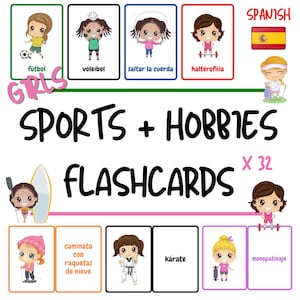 Spanish Sports + Hobbies (Girls) Theme Flashcards for Kids - Spanish Vocabulary Practice for Children - PDF Download