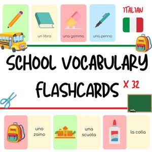 Italian Flashcards - School / Scuola Theme Cute Flashcards for Kids -  Fun Italian Vocabulary Practice for Children - PDF Download