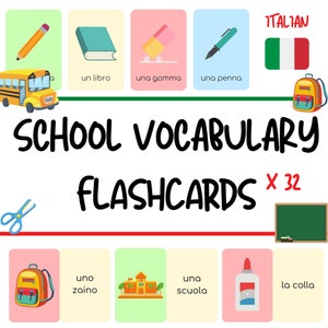 Tarjetas de flash italianas - Escuela / Scuola Tema Lindas tarjetas detell para niños - Divertido vocabulario italiano práctica para niños - Descarga PDF