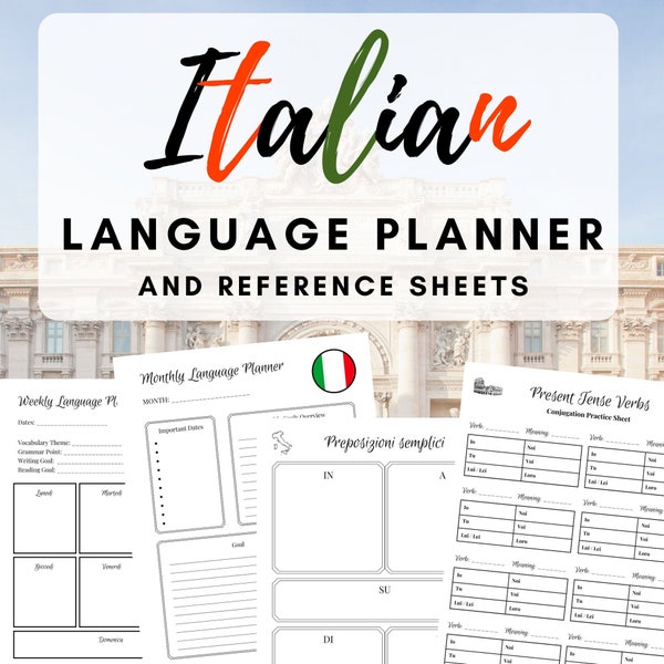 Italiaanse afdrukbare taal- en studieplanner - Werkwoorden oefenen, sjablonen, woordenschatbouwer - PDF-download
