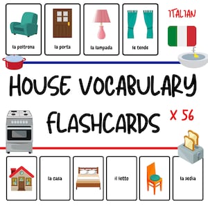 Flashcards in italiano - Flashcard sul vocabolario della casa per bambini (56 parole!) - Esercitazioni sul vocabolario italiano per bambini - Download PDF