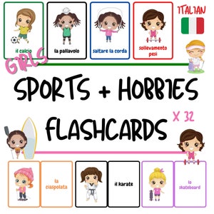 Italiaanse Flashcards - Sport + Hobby's (Meisjes) Thema Flashcards voor kinderen - Italiaanse woordenschat oefenen voor kinderen - PDF Download
