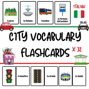 Italienisch Lernkarten - Vokabelkarten für Kinder - Stadt / la Città - Lustiges Italienisch Vokabeltraining für Kinder - PDF Download