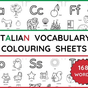 Może przedstawiać: Czarno-białe karty do kolorowania ze słowami z włoskiego słownictwa. Karty zawierają litery alfabetu, obrazy i włoskie słowa. Tytuł "ITALIAN VOCABULARY COLOURING SHEETS" znajduje się na górze strony. Czerwone i zielone koło z tekstem "168 WORDS" znajduje się na dole strony.