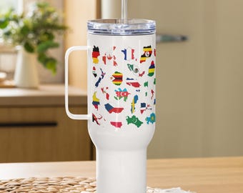 World Flags Travel Mug - Stainless Steel, 50 Countries - Maps with Flag Designs