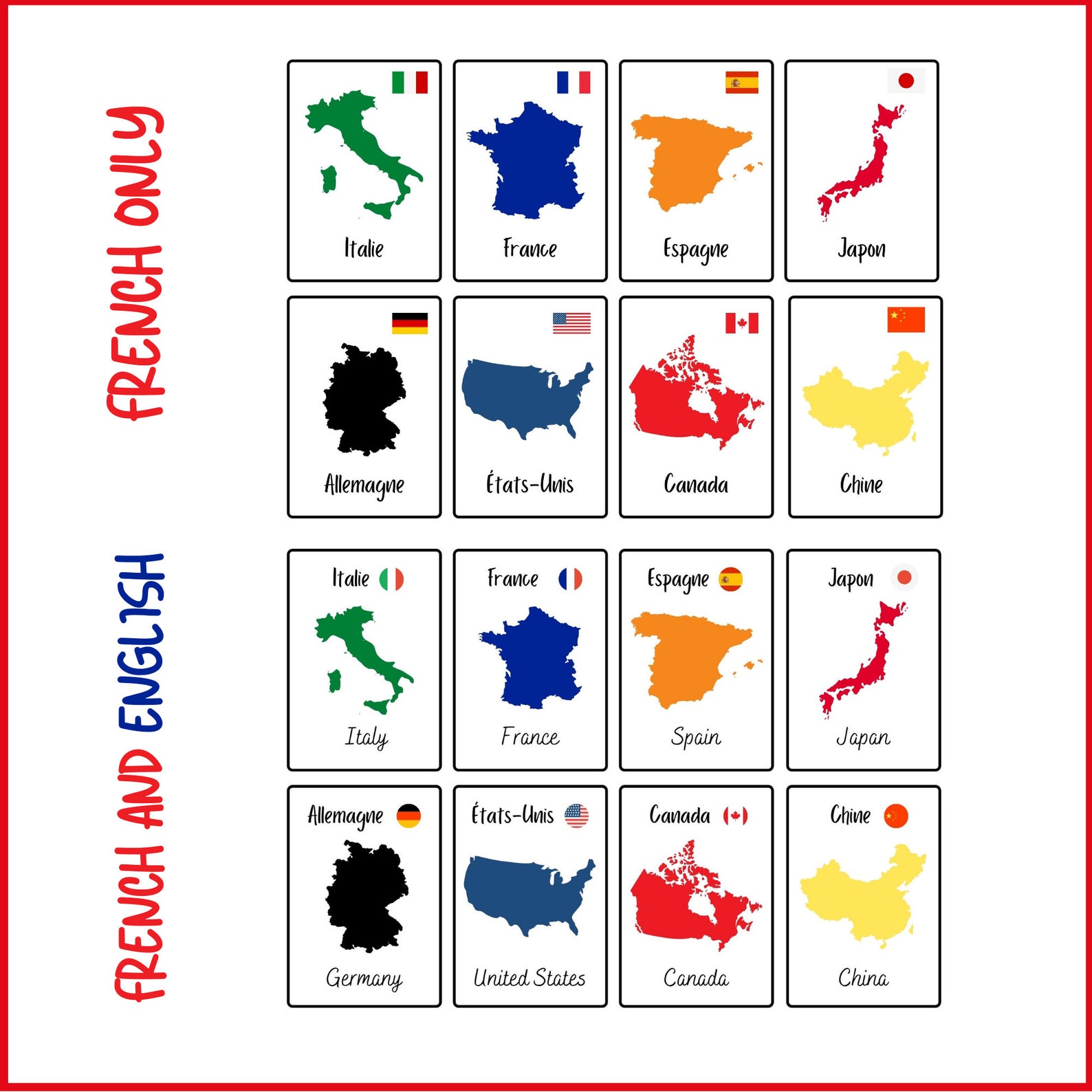 French Flashcards Vocabulary Flashcards for Kids Countries Etsy