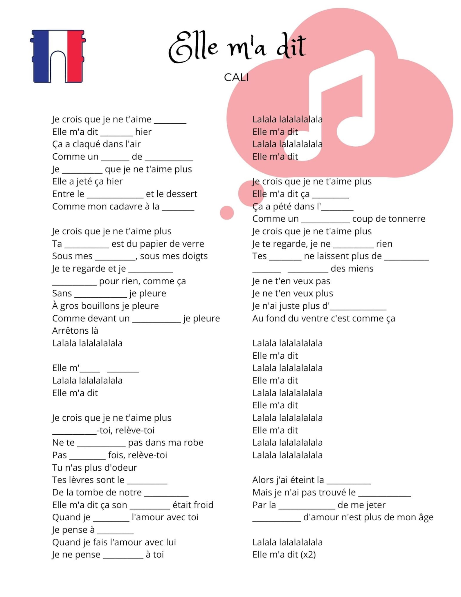 French Song Worksheets Learn French Fill in the blanks Etsy.de