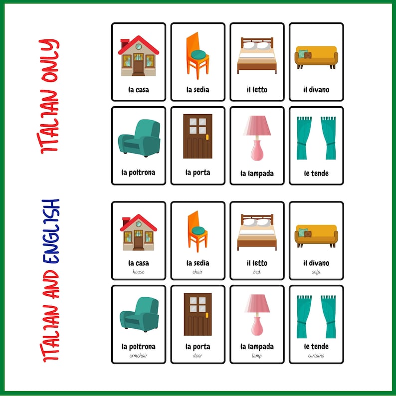 Italian Flashcards House Vocabulary Flashcards for Kids 56 Words