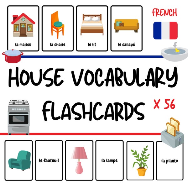 Cartes-éclair de vocabulaire de la maison française pour les enfants (56 mots!) - Pratique du vocabulaire français pour les enfants - Téléchargement PDF