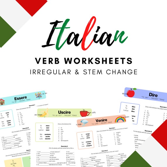 italian verb worksheets irregular and stem change verbs etsy australia
