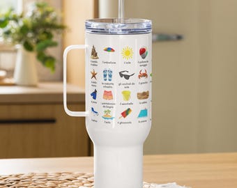 Italian Vocabulary Travel Mug with Handle - Learn 40 Italian Summer Words