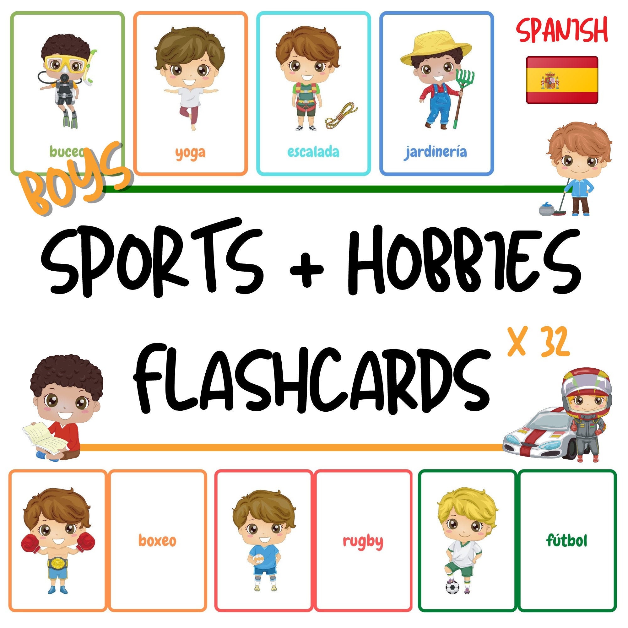 Spanish Sports Hobbies Boys Theme Flashcards for Kids Etsy