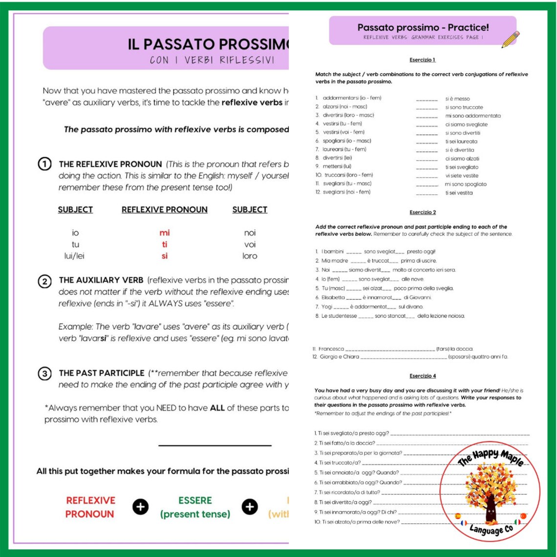 Italian Passato Prossimo with Reflexive Verbs Grammar & Etsy