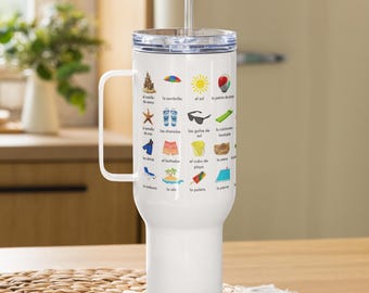 Spanish Vocabulary Travel Mug with Handle - Learn 40 Spanish Summer Words