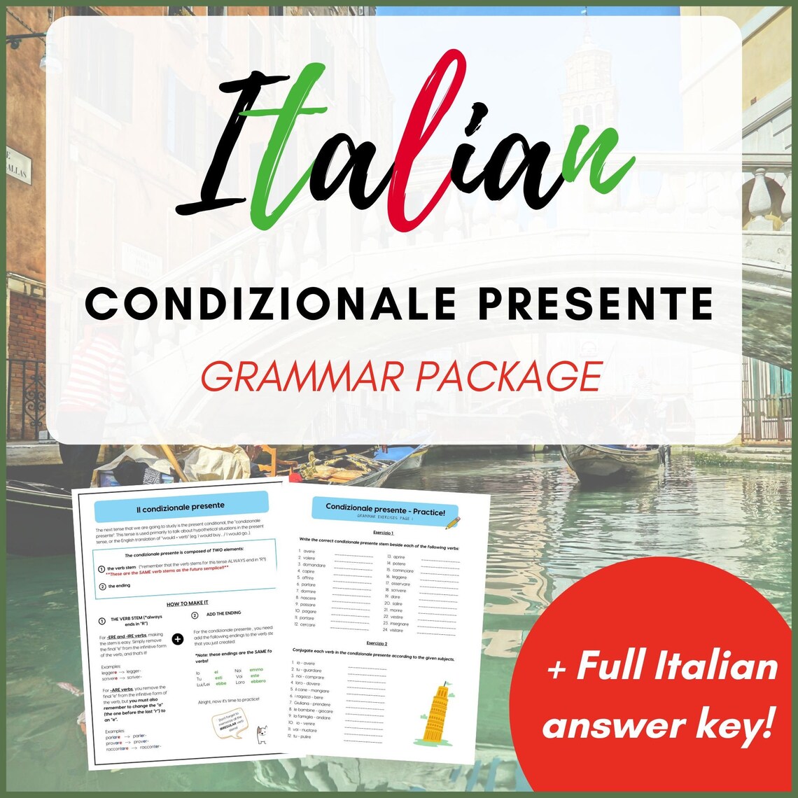Italian Conditional Verbs Condizionale Grammar & Reference Sheets