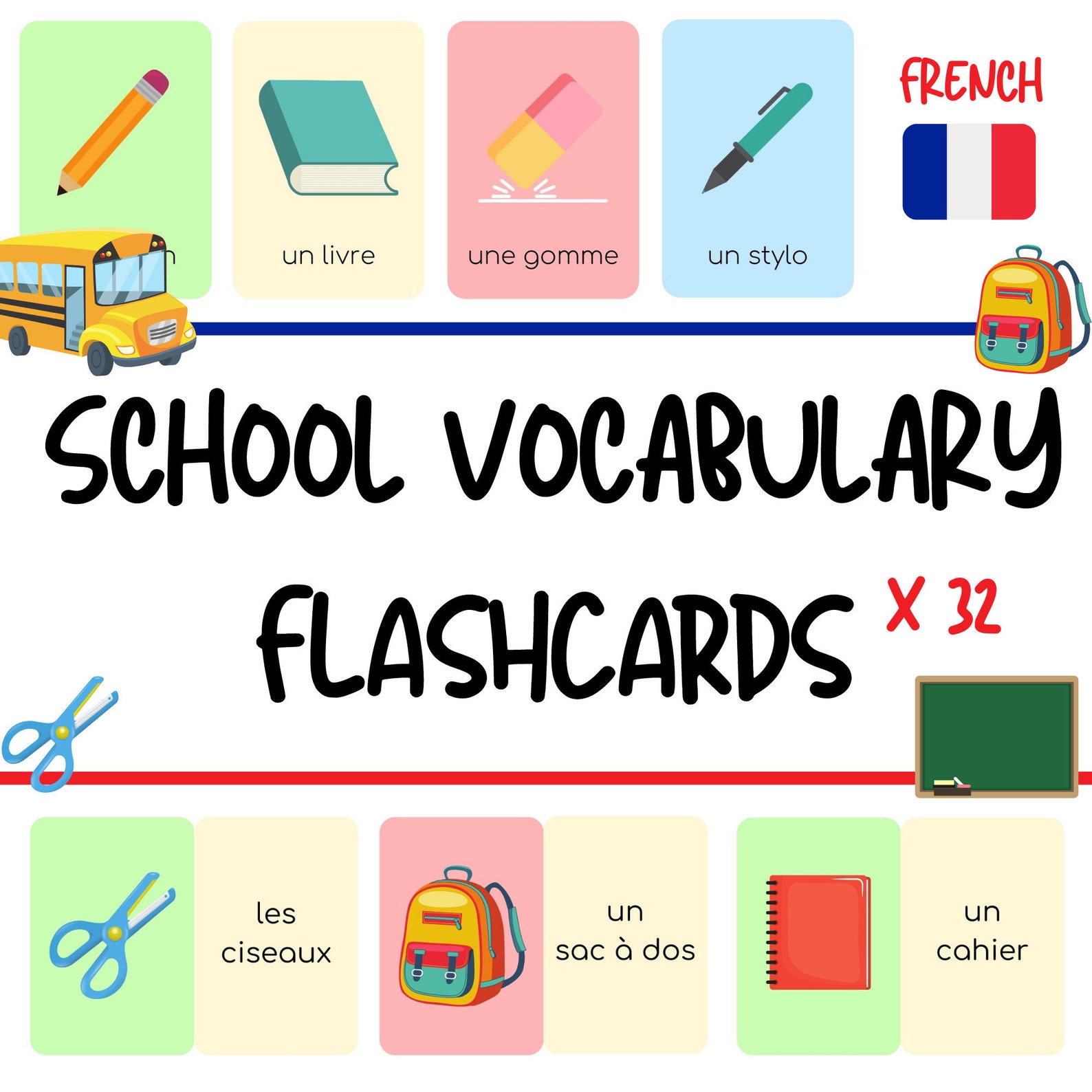 French School Theme Flashcards for Kids French Vocabulary Practice for
