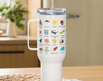 French Vocabulary Travel Mug with Handle - Learn 40 French Summer Words
