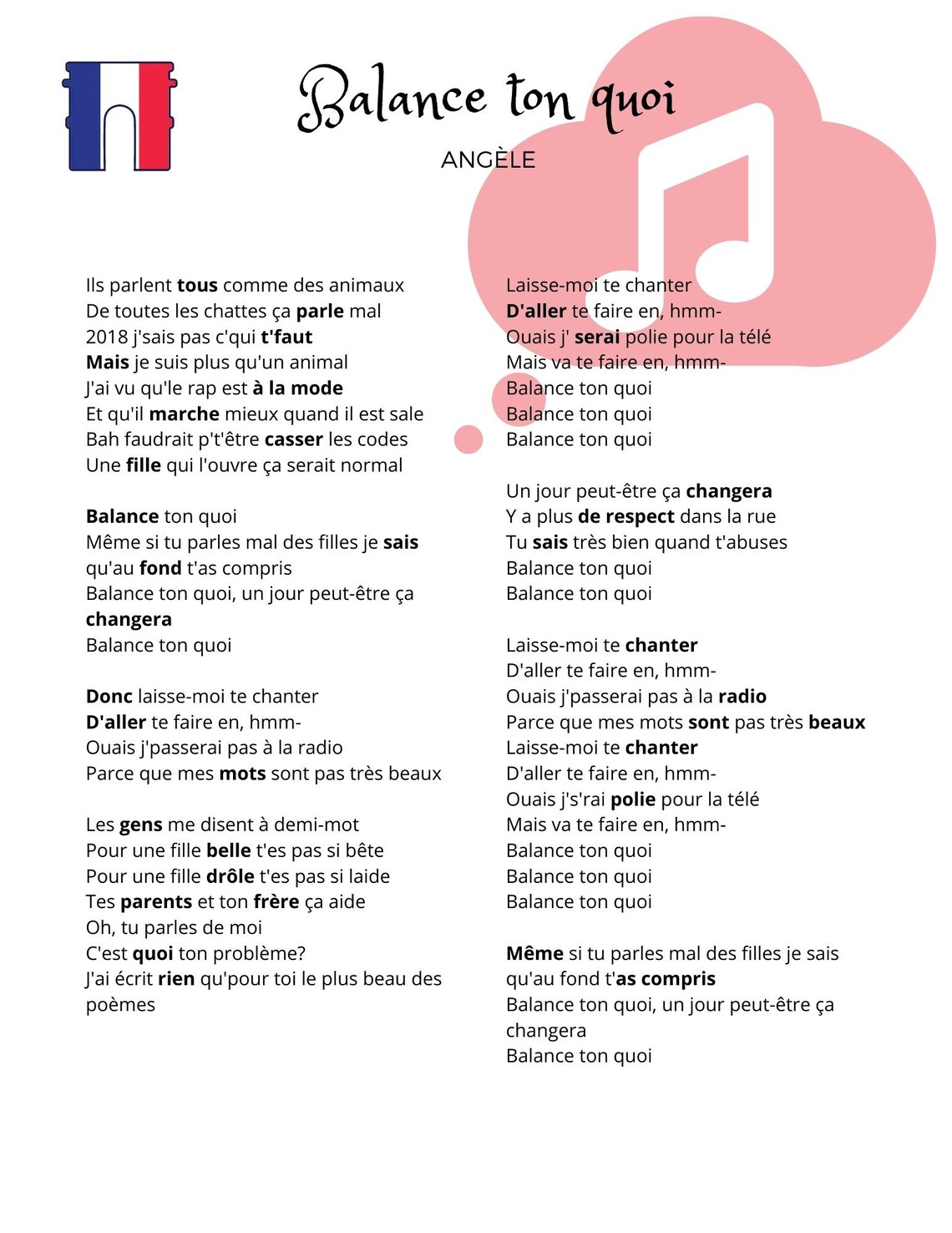 French Song Worksheets Learn French Fill in the blanks Etsy