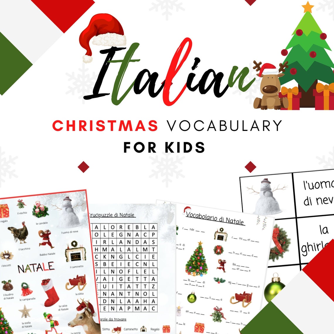 ITALIAN Christmas Vocabulary Activities for KIDS Flashcards, Word