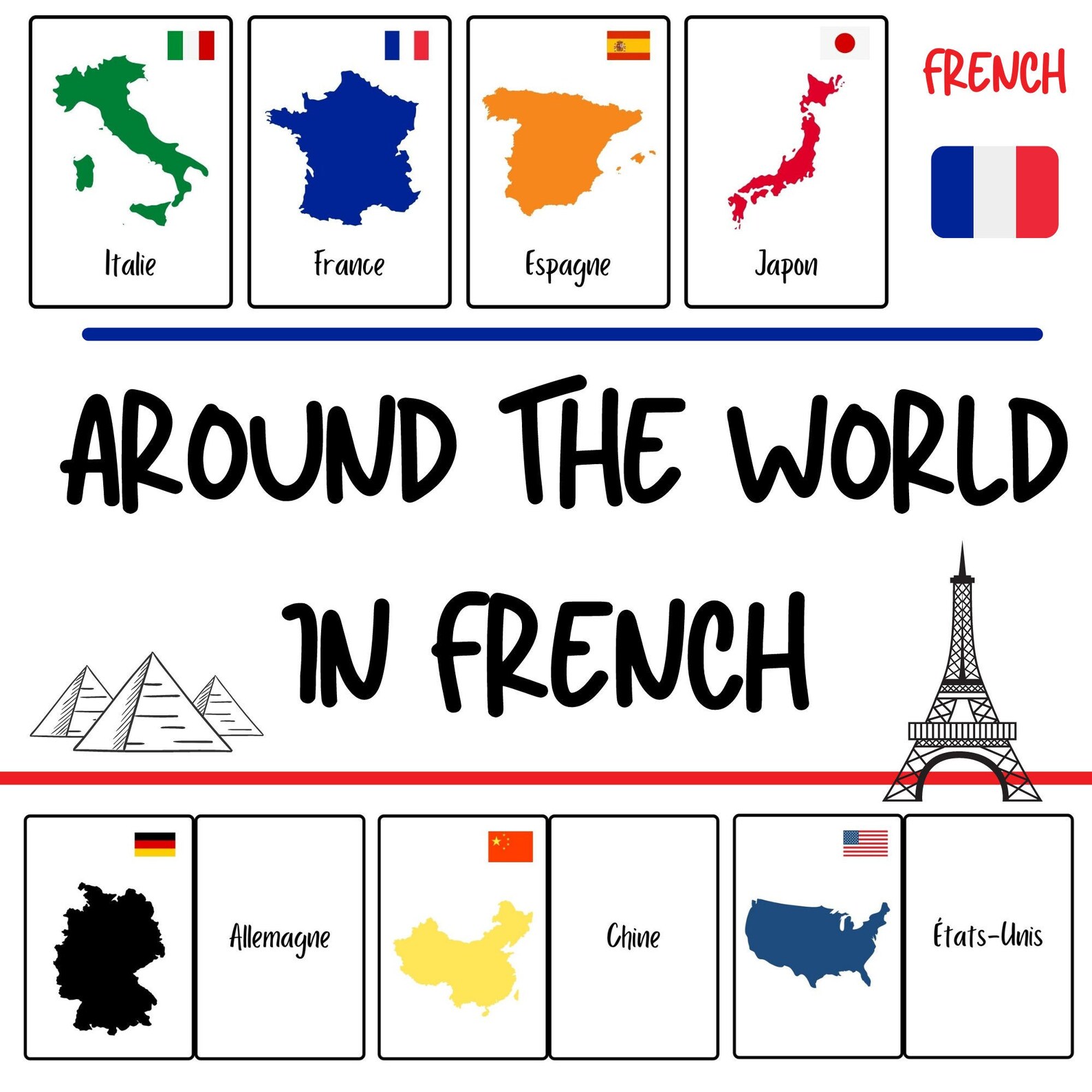 French Flashcards Vocabulary Flashcards for Kids Countries Etsy