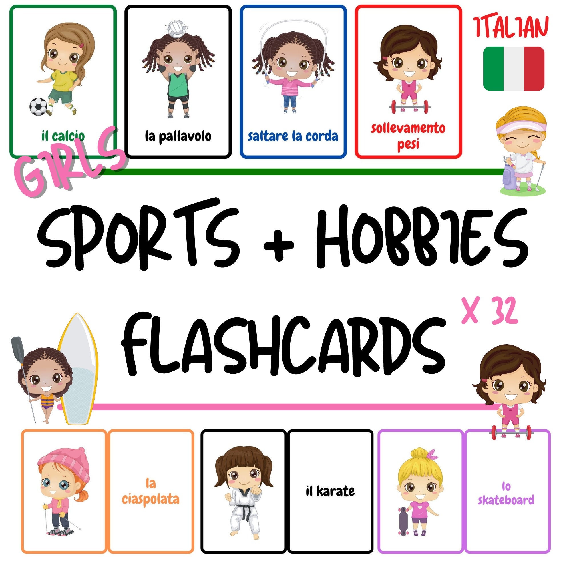 Italian Flashcards Sports Hobbies girls Theme Flashcards for Kids