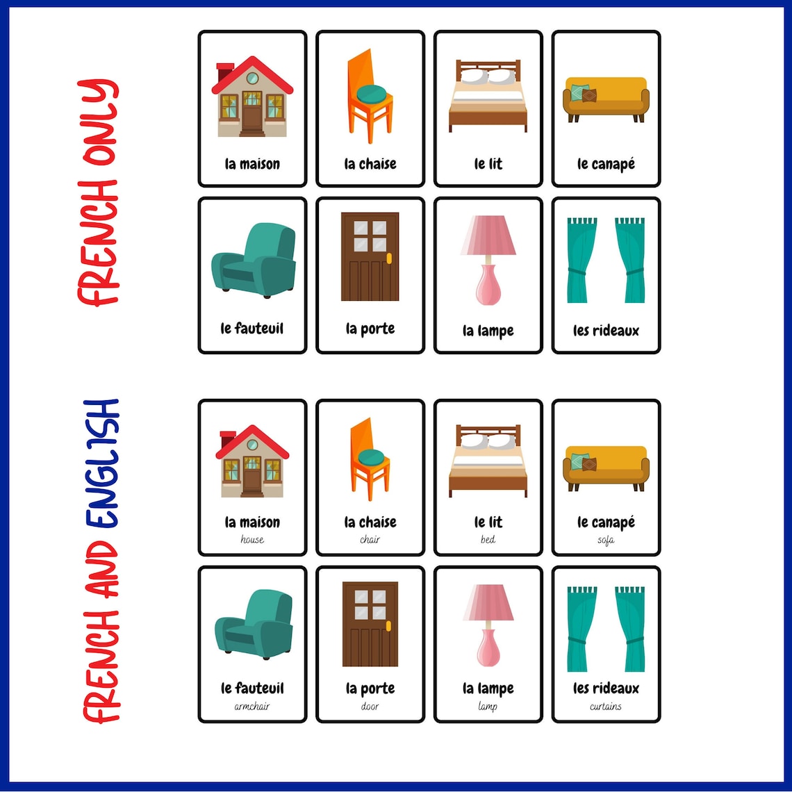 French House Vocabulary Flashcards for Kids 56 Words French Vocabulary