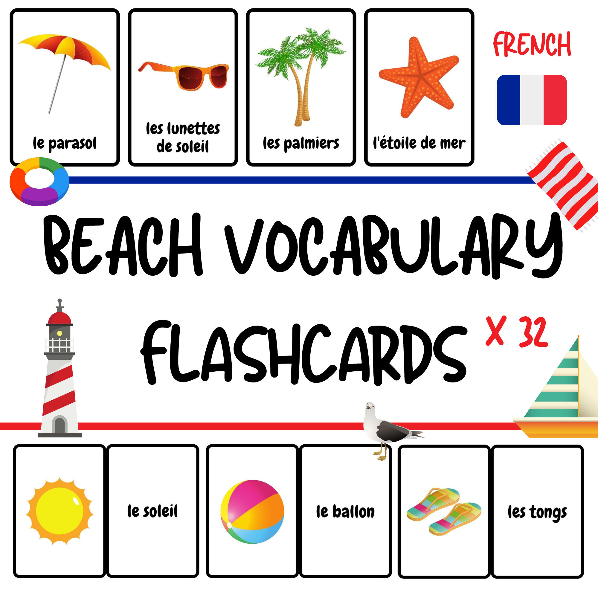 French Beach Theme Flashcards for Kids - French Vocabulary Practice for Children - PDF Download