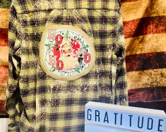 Upcycled Distressed Flannel Shirt, Santa Patch, Size Large