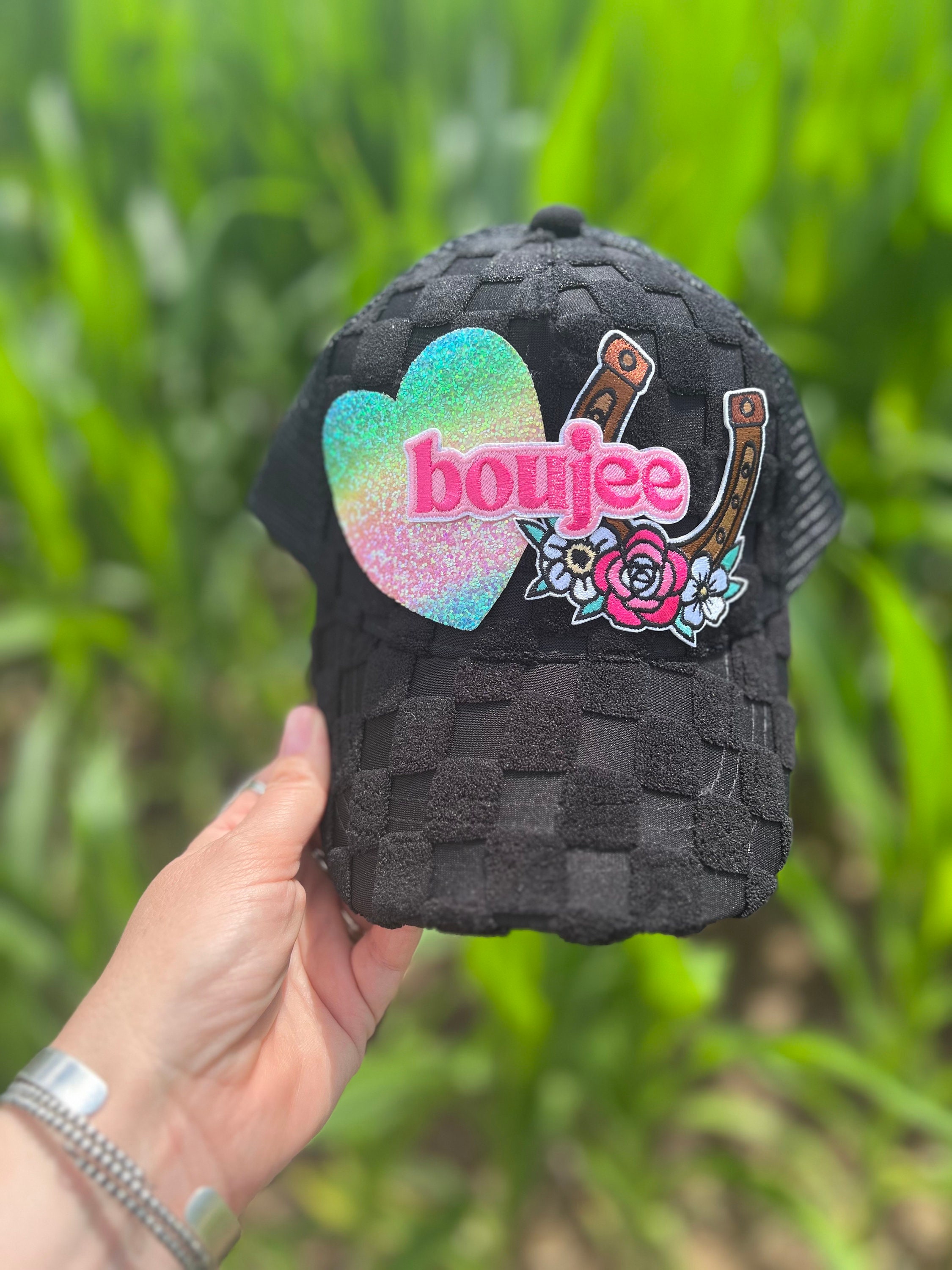 Black terry cloth Trucker Hat with Embroidered cat \'BOUJEE\' Patch Black Cat Patch Trucker Hat - Embroidered Felt, USA Made - Etsy main image 4