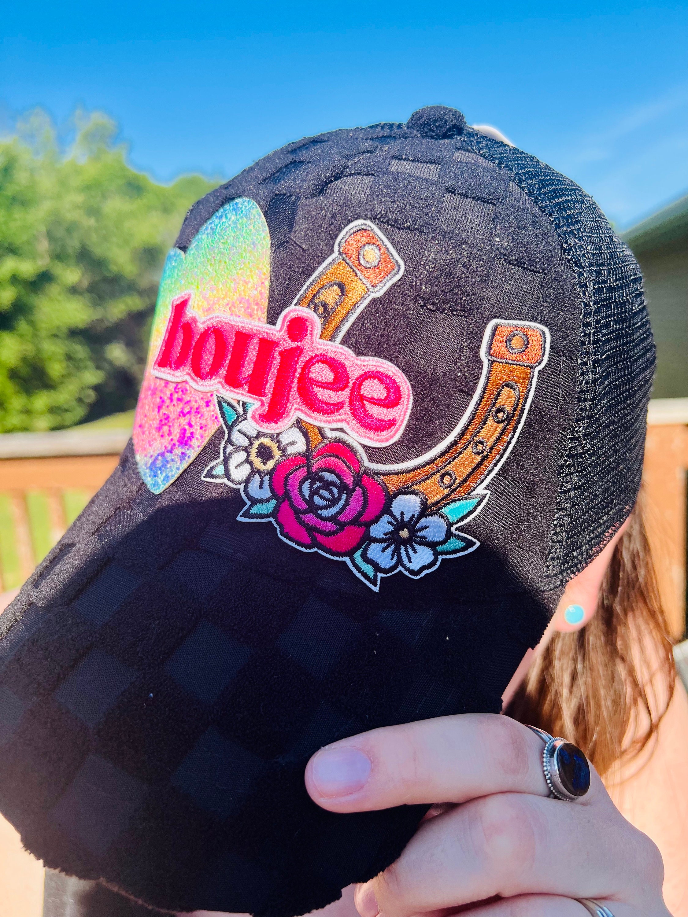 Boujee Trucker Hat: Black Checkered Terry Fabric, Horseshoe  display picture 1