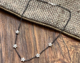 Silver Floral Mangalsutra Necklace, Black Beaded Daily Wear Jewelry