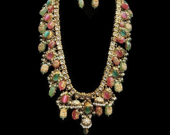 Green Gold Tone Emerald Necklace Stone Necklace, Mix Quartz Emerald Necklace,  Oval Emerald Necklace,Green Jaipuri Indian Bridal Jewellery
