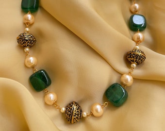 Green Gold Tone Emerald Necklace Stone Necklace, Mix Quartz Emerald Necklace,  Oval Emerald Necklace,Green Jaipuri Indian Bridal Jewellery