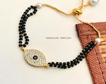 Bracelet mangalsutra morden, bijoux indiens, bracelet en or mariage, bracelet mangalsutra, bracelet Nazarbattu, perles noires indiennes minimales