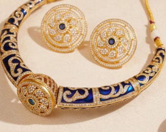 Blue Meenakari Necklace Set | Gold Plated CZ Choker, Indian Jewelry