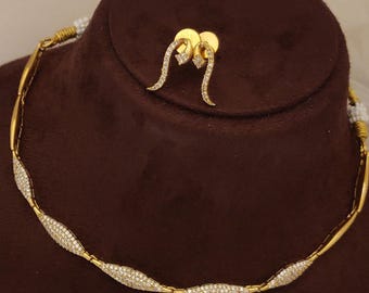 Gold Plated Cubic Zirconia Wedding Necklace, Designer American Diamond Necklace, Indian Wedding Jewelry for Bride, Ad Necklace Set