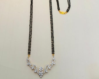 Gold Plated CZ Mangalsutra, Indian Jewelry, Black Beads Necklace