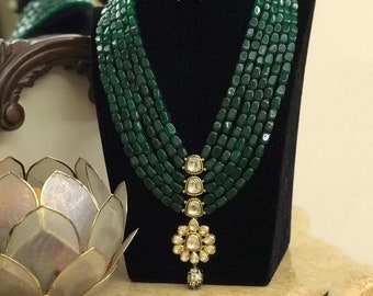 Green Gold Tone Emerald Necklace Stone Necklace, Green Quartz Emerald Necklace,  Oval Emerald Necklace,Green Jaipuri Indian Bridal Jewellery