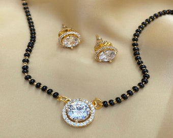 Diamond Mangalsutra & Earrings, Gold Plated Mangalsutra, Bollywood Actress Mangalsutra, CZ Mangalsutra, Gold Indian Mangalsutra Earrings